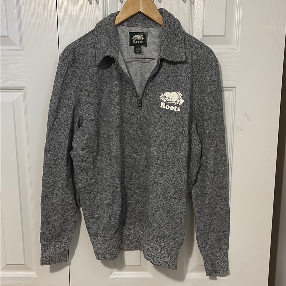 Roots Dark Gray Quarter-Zip Sweater with Embroidered Logo